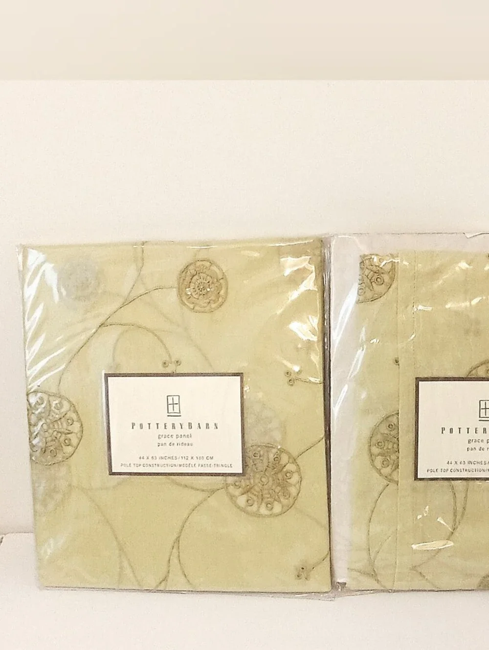 Pottery Barn Grace Curtain Panel Celery Green Embroidered 44x63 Lot Of 2